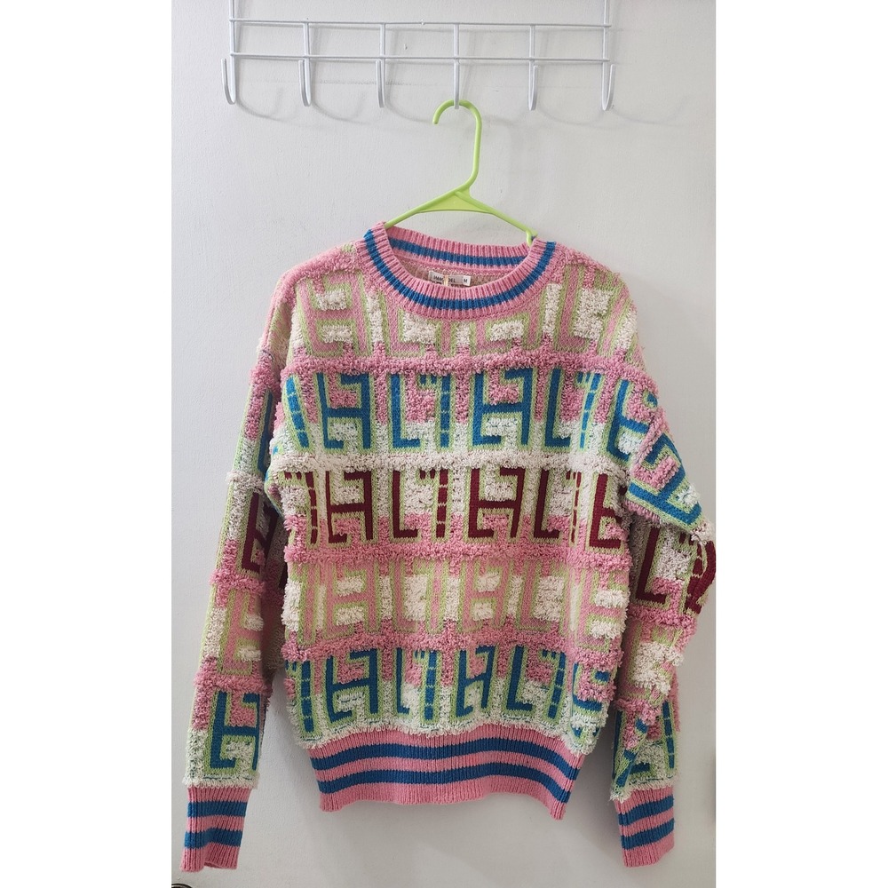 IMMODEL‎ Womens Geometric Textured Knit Sweater Pink Blue SW-9689 Size M NWT